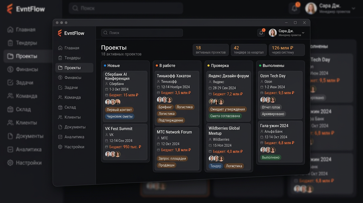 EvntFlow — интерфейс CRM системы для event-агентств